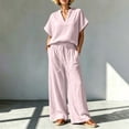 thumbnail image 1 of BRELIL Women Plus Size Two Piece Outfits V Neck Short Sleeve Tee Wide Leg Pants Casual Lounge Set Solid Boho Vacation Travel Loose Tracksuit, Pink S, 1 of 6