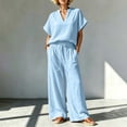 thumbnail image 1 of BRELIL Women Plus Size Two Piece Outfits V Neck Short Sleeve Tee Wide Leg Pants Casual Lounge Set Solid Boho Vacation Travel Loose Tracksuit, Sky Blue 3XL, 1 of 6