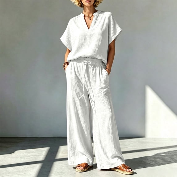 BRELIL Women Plus Size Two Piece Outfits V Neck Short Sleeve Tee Wide Leg Pants Casual Lounge Set Solid Boho Vacation Travel Loose Tracksuit, White XL