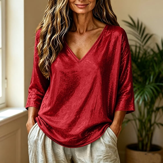 BRELIL Women Plus Size V Neck Pullover Tops 3/4 Sleeve Glitter Flowy Casual Tee for Fall Solid Basic Shirt, Red S