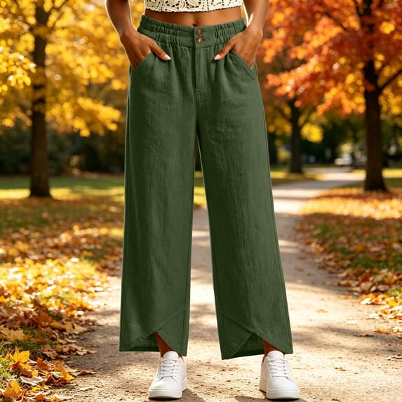 BRELIL Women Plus Size Wide Leg Elastic Waist Lounge Pants with Pockets Casual Solid Streetwear Long Trousers Vacation Travel Fashion Outfits, Army Green XL