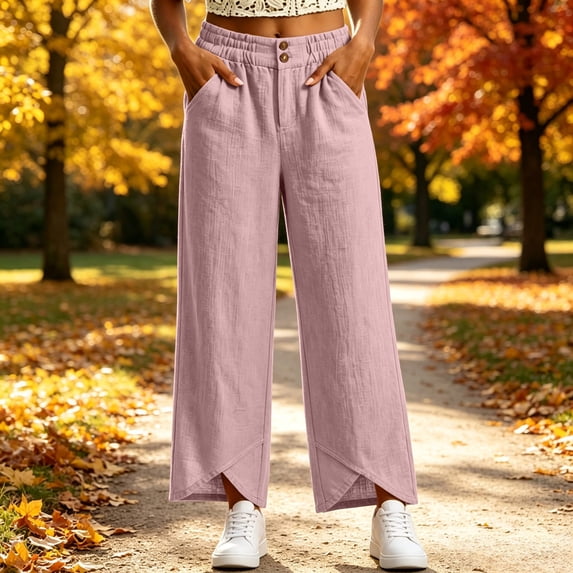 BRELIL Women Plus Size Wide Leg Elastic Waist Lounge Pants with Pockets Casual Solid Streetwear Long Trousers Vacation Travel Fashion Outfits, Pink S