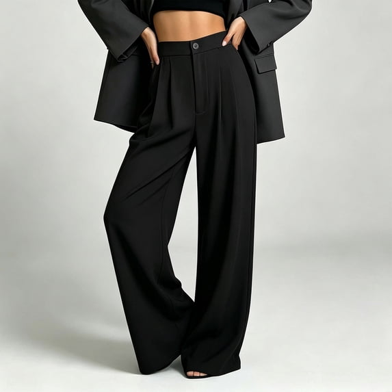 BRELIL Women Plus Size Wide Leg High Waisted Flowy Trousers with Pockets Casual Office Work Loose Regular Fit Long Pants, Black 2XL