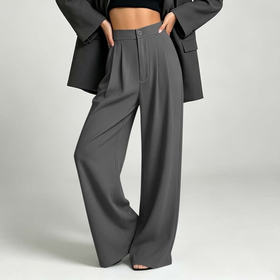 BRELIL Women Plus Size Wide Leg High Waisted Flowy Trousers with Pockets Casual Office Work Loose Regular Fit Long Pants, Dark Gray 2XL