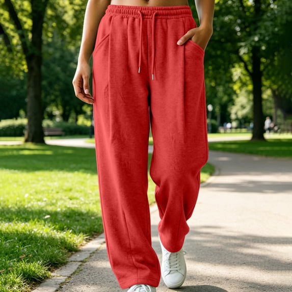 BRELIL Women Plus Size Wide Leg Lounge Pants Drawstring Flowy Elastic Waist Casual Pants with Pockets Solid Loungewear Travel Trousers Fall Winter Fashion Outfits, Hot Pink XL