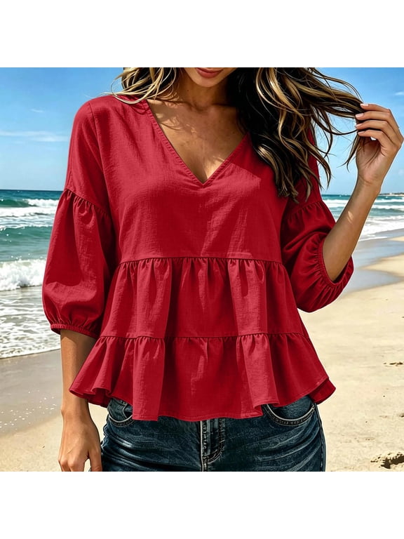 Women's 3/4 Sleeve V Neck Ruffle Peplum Top Casual Boho Blouse Solid Fall Vacation Outfit, Red XL