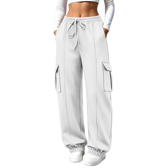 BRELIL Women's Cargo Pants Drawstring Loose Long Pants Casual Streetwear Lounge Activewear Travel Solid Baggy Trousers, White S
