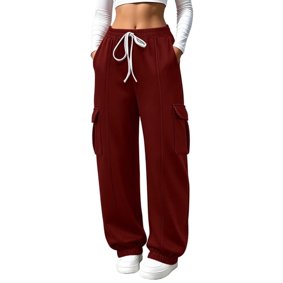 BRELIL Women's Cargo Pants Drawstring Loose Long Pants Casual Streetwear Lounge Activewear Travel Solid Baggy Trousers, Wine XL