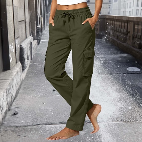 BRELIL Women's Cargo Pants Drawstring Loose Straight Leg Casual Long Pants Solid Basic Lounge Trousers for Spring Summer Fall Activewear Baggy Athletic Pants, Army Green M
