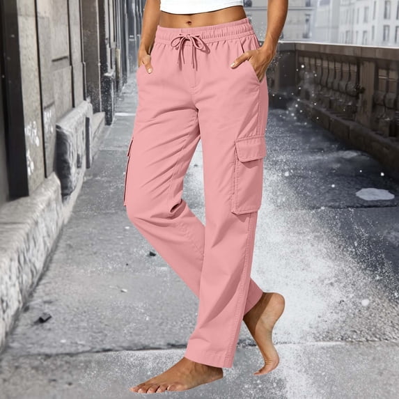 BRELIL Women's Cargo Pants Drawstring Loose Straight Leg Casual Long Pants Solid Basic Lounge Trousers for Spring Summer Fall Activewear Baggy Athletic Pants, Pink L
