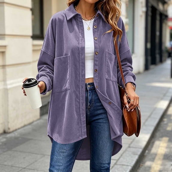 BRELIL Women's Corduroy Shacket Fall Winter Long Sleeve Button Down Collared Open Front Casual Loose Oversized Coat Jacket Basic Solid Tops, Purple L