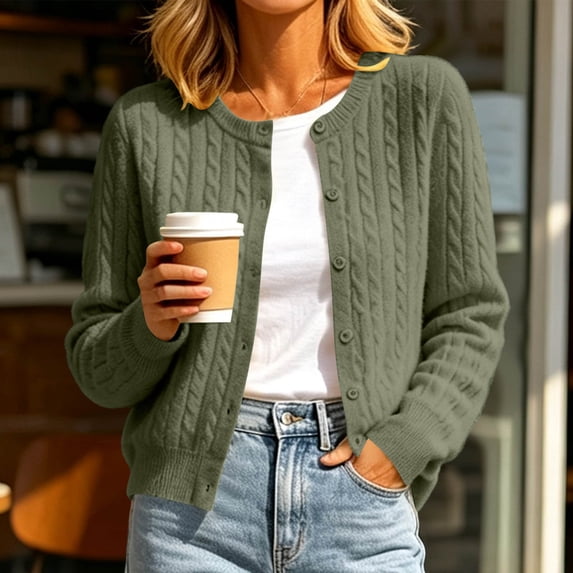 BRELIL Women's Fall Long Sleeve Cardigan Button Down Knit Sweater Open Front Casual Coat, Army Green XL