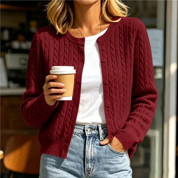 BRELIL Women's Fall Long Sleeve Cardigan Button Down Knit Sweater Open Front Casual Coat, Red M