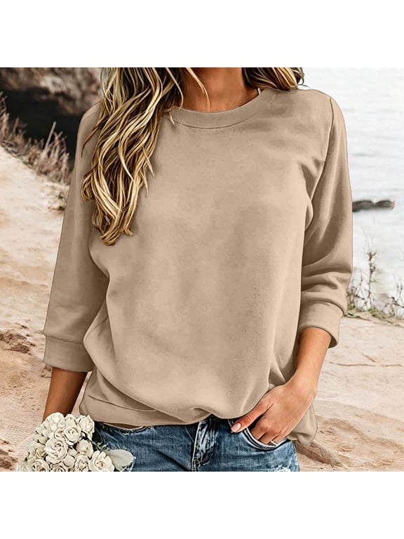 Women's Fall Long Sleeve Crew Neck Pullover Casual Loose Solid Basic Top Tee for Autumn Outfit, Brown XL