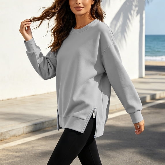 BRELIL Women's Fall Long Sleeve Pullover Tops Casual Loose Round Neck Sweatshirt Side Slit Solid Tee Shirt, Gray L