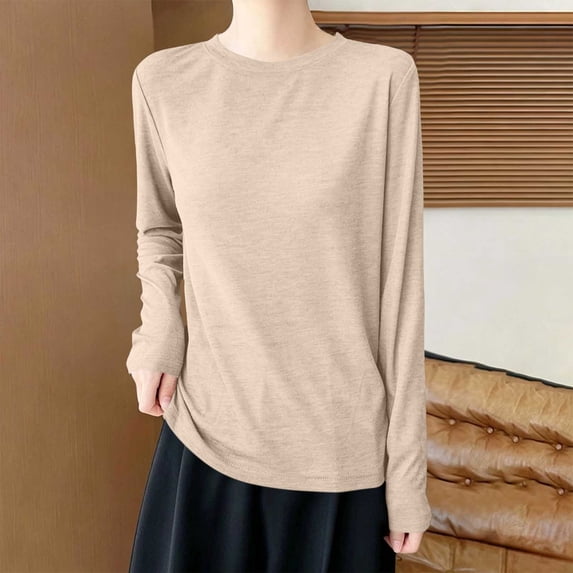 BRELIL Women's Fall Long Sleeve Pullover Tops Casual Loose Round Neck Sweatshirt Solid Basic Tee for Winter, Beige M