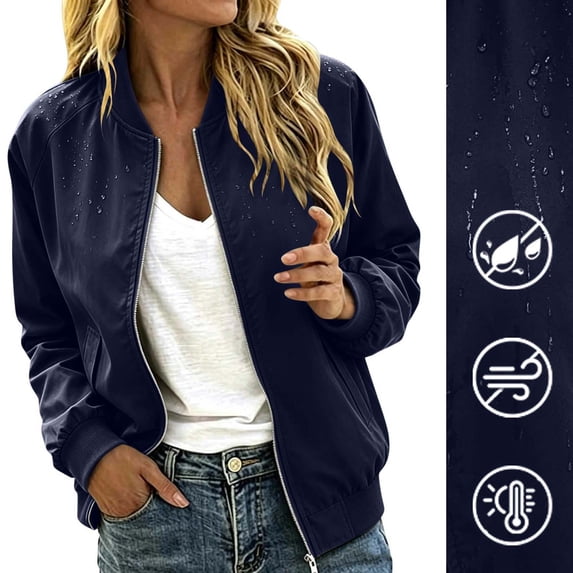 BRELIL Women's Fall Long Sleeve Zip Up Jacket Casual Solid Blazer Lightweight Outerwear for Autumn Daily Wear, Navy L
