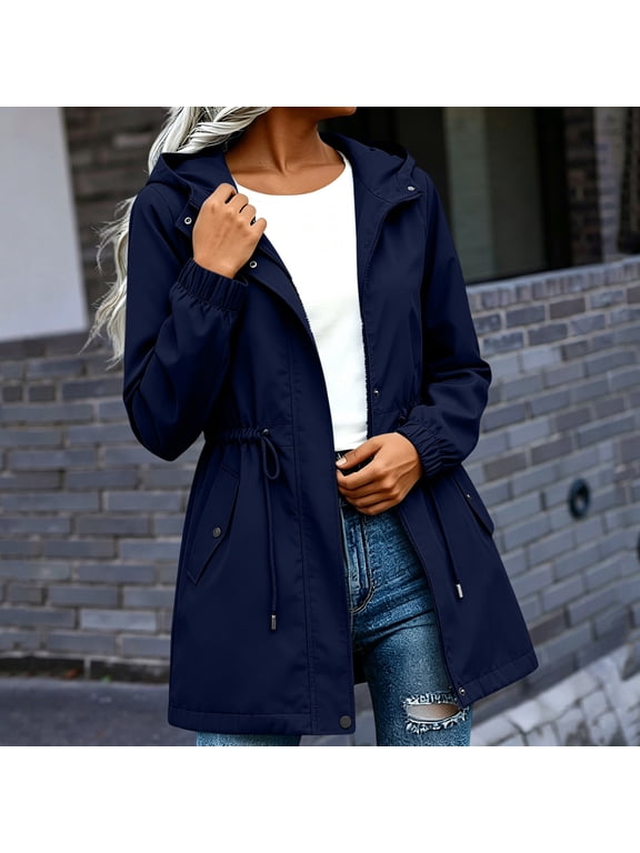 Women's Fall Winter Hooded Zip Up Jacket Casual Drawstring Loose Shacket Coat, Navy S
