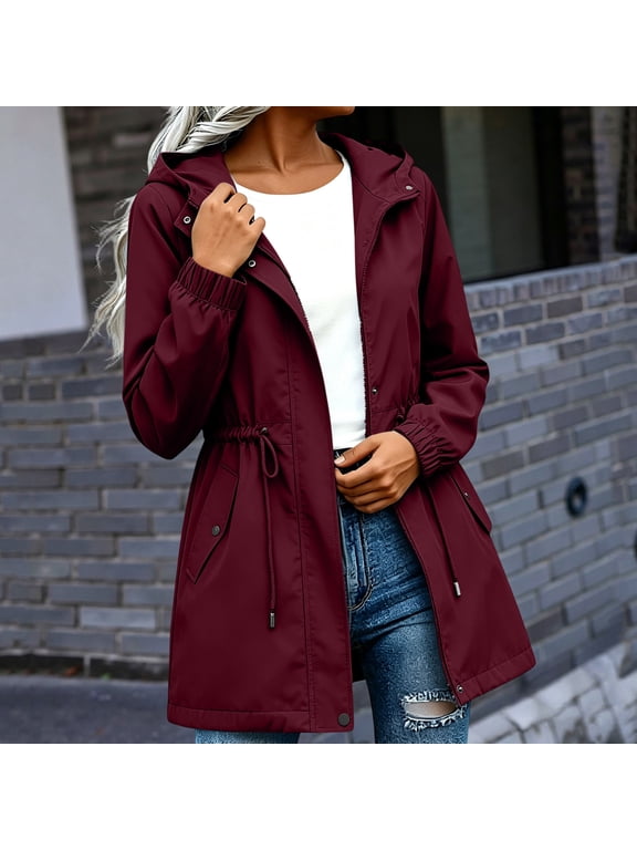 Women's Fall Winter Hooded Zip Up Jacket Casual Drawstring Loose Shacket Coat, Wine S