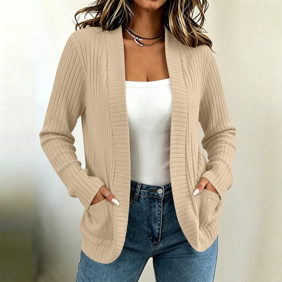 BRELIL Women's Fall Winter Long Sleeve Cardigan Open Front Ribbed Knit Casual Sweater Cozy Loose Fit Tops for Women, Khaki L