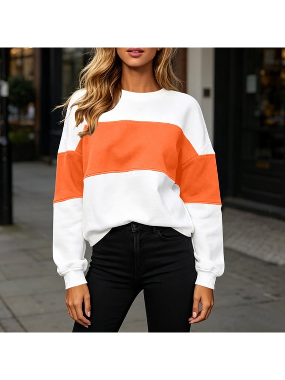 Women's Fall Winter Long Sleeve Color Block Casual Pullover Tops Solid Loose Shirt, Orange M