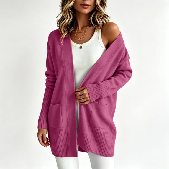 BRELIL Women's Fall Winter Long Sleeve Open Front Cardigan Ribbed Knit Casual Basic Coat for Women Sweater Outfit, Hot Pink M