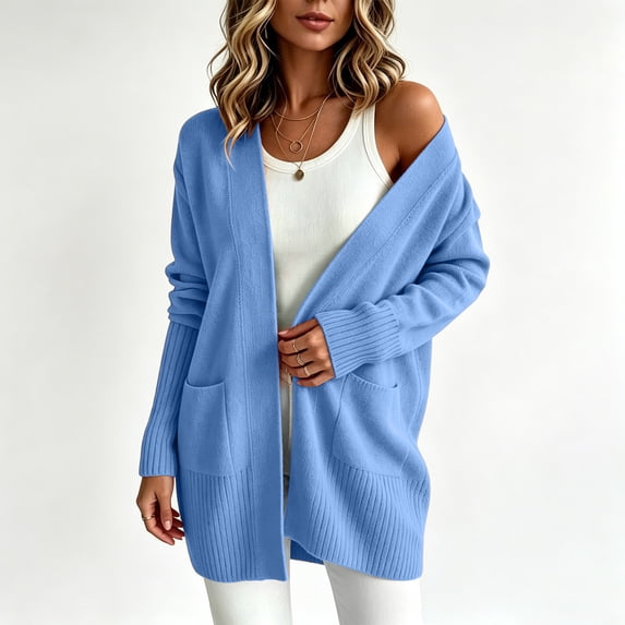 BRELIL Women's Fall Winter Long Sleeve Open Front Cardigan Ribbed Knit Casual Basic Coat for Women Sweater Outfit, Light Blue 2XL