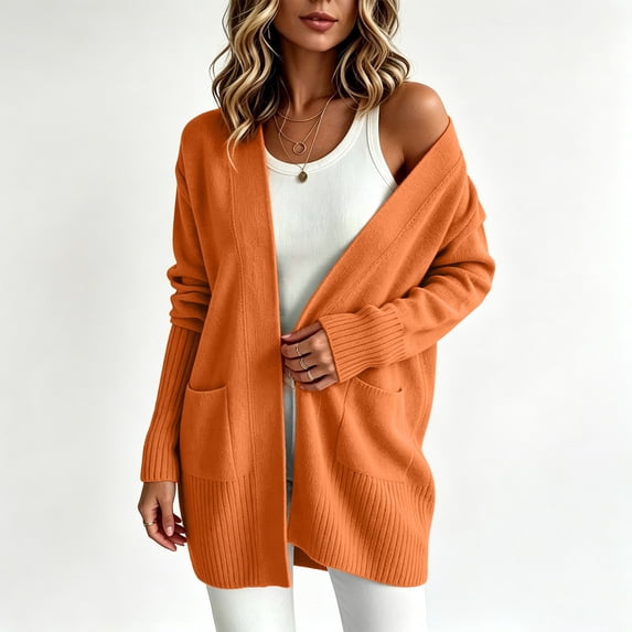 BRELIL Women's Fall Winter Long Sleeve Open Front Cardigan Ribbed Knit Casual Basic Coat for Women Sweater Outfit, Orange M