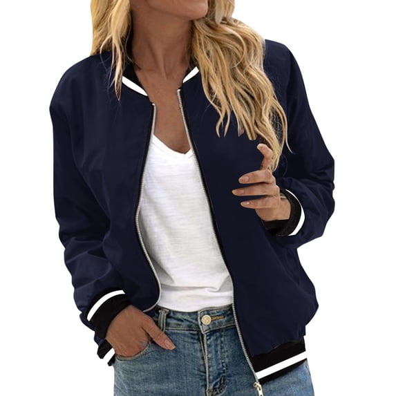 BRELIL Women's Fall Winter Long Sleeve Zip Up Bomber Jacket Casual Solid Trendy Outerwear Coat, Navy M