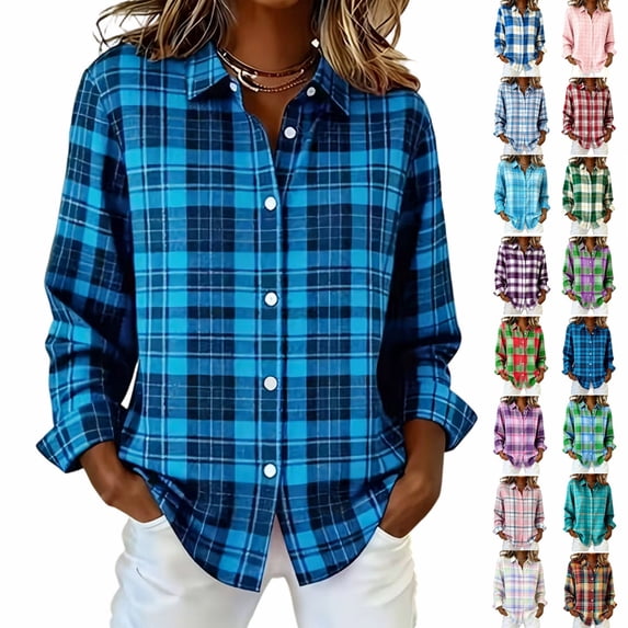 BRELIL Women's Fall Winter Plaid Long Sleeve Button Up Shirt Casual Collared Tops Loose Fit Outdoor Vacation Outfit, Blue 2XL
