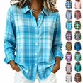 thumbnail image 1 of BRELIL Women's Fall Winter Plaid Long Sleeve Button Up Shirt Casual Collared Tops Loose Fit Outdoor Vacation Outfit, Blue L, 1 of 6