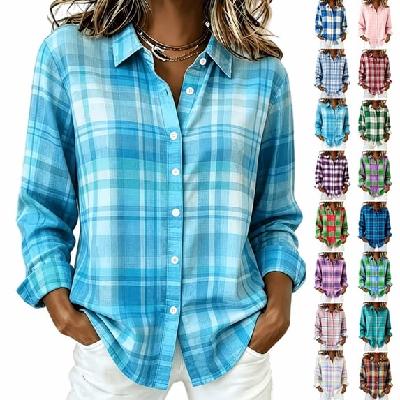 BRELIL Women's Fall Winter Plaid Long Sleeve Button Up Shirt Casual Collared Tops Loose Fit Outdoor Vacation Outfit, Blue L