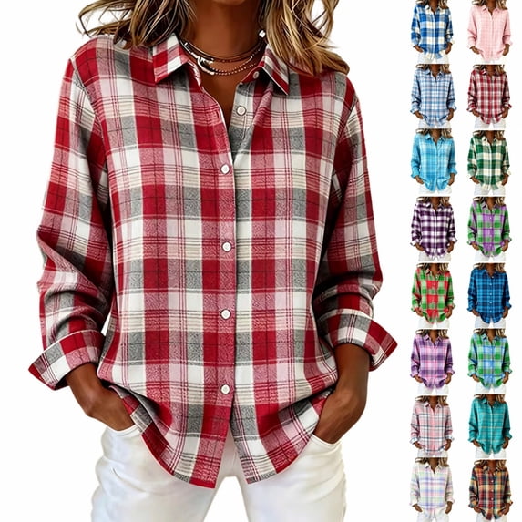 BRELIL Women's Fall Winter Plaid Long Sleeve Button Up Shirt Casual Collared Tops Loose Fit Outdoor Vacation Outfit, Pink 2XL