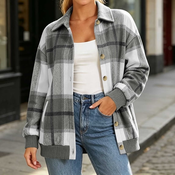 BRELIL Women's Fall Winter Plaid Shacket Long Sleeve Button Down Collared Open Front Casual Outerwear Loose Fit Cozy Jacket for Women, Black XL