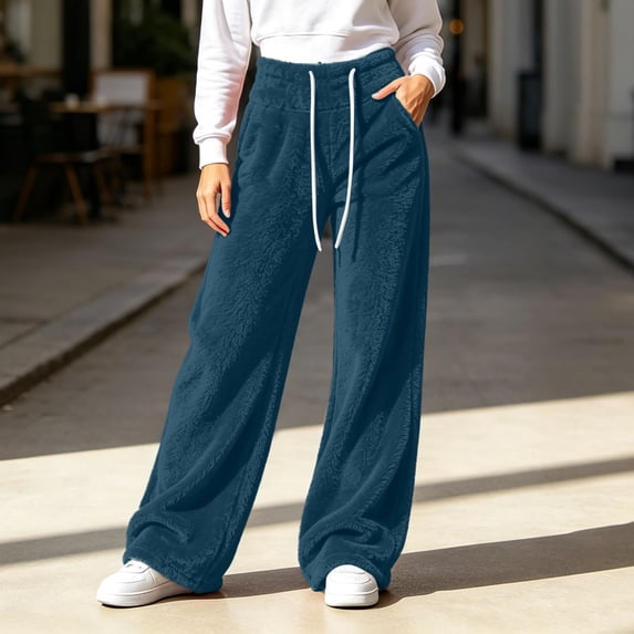 BRELIL Women's Fuzzy Fleece Wide Leg High Waisted Lounge Pants with Pockets Casual Loose Palazzo Trousers Baggy Athletic Pants Fall Winter Outfits, Navy XL