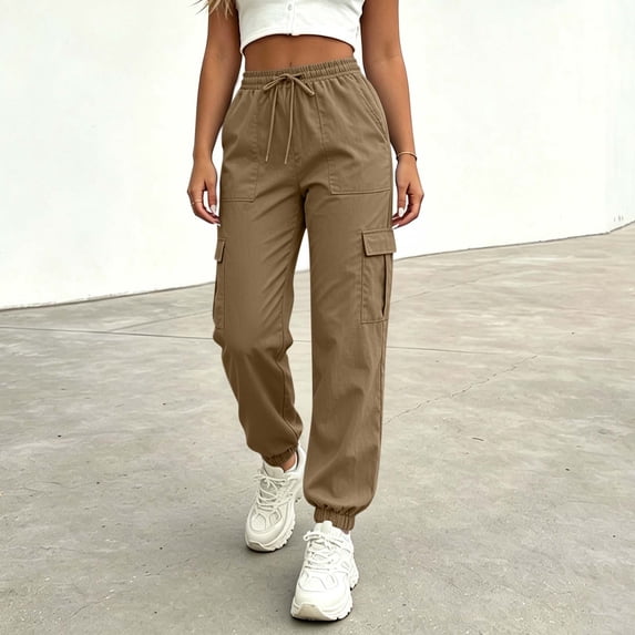 BRELIL Women's High Waisted Cargo Pants Flowy Casual Streetwear Active Long Trousers Workout Baggy Joggers Loose Fit, Beige L