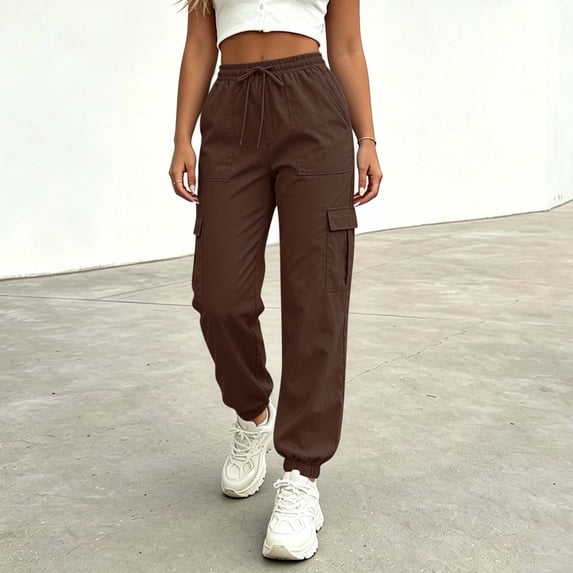 BRELIL Women's High Waisted Cargo Pants Flowy Casual Streetwear Active Long Trousers Workout Baggy Joggers Loose Fit, Brown L