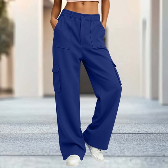 BRELIL Women's High Waisted Cargo Pants Wide Leg Loose Long Trousers with Pockets Solid Casual Streetwear Party Outfits, Blue XL