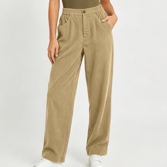 BRELIL Women's High Waisted Straight Leg Corduroy Trousers with Pockets Casual Loose Long Pants Everyday Travel Outfits Fall Winter Fashion, Khaki L