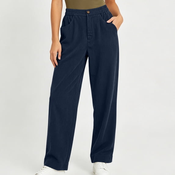 BRELIL Women's High Waisted Straight Leg Corduroy Trousers with Pockets Casual Loose Long Pants Everyday Travel Outfits Fall Winter Fashion, Navy L
