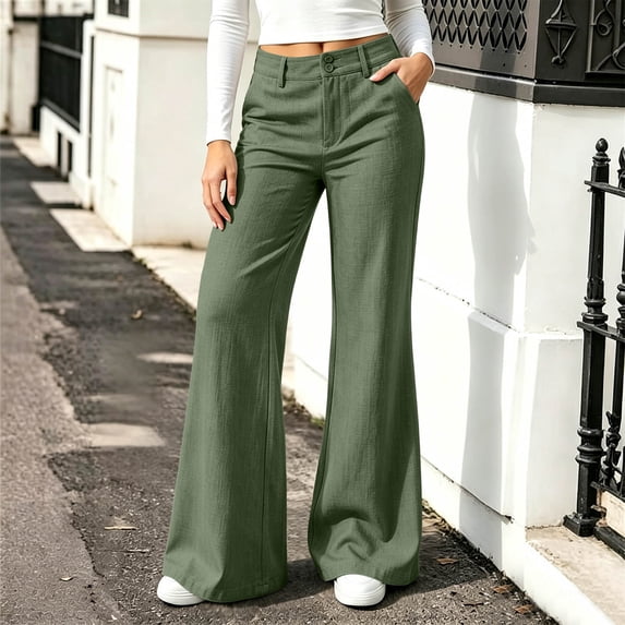 BRELIL Women's High Waisted Wide Leg Flowy Casual Trousers Loose Palazzo Office Pants Solid Long Pant Fall Winter Work Outfits, Army Green 2XL