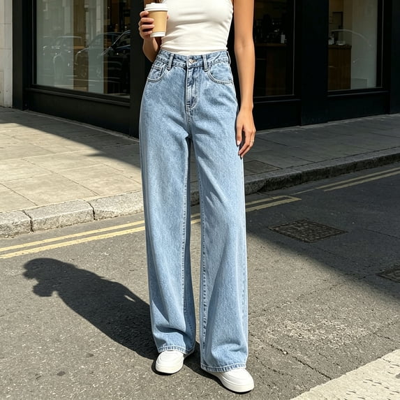 BRELIL Women's High Waisted Wide Leg Flowy Jeans with Pockets Casual Loose Streetwear Long Pants Travel Summer Fall Outfits, Blue M