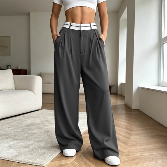 BRELIL Women's High Waisted Wide Leg Trousers with Pockets Solid Casual Streetwear Loose Long Pants Workout Athletic Palazzo Fall Outfits, Black L