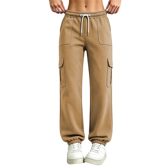 BRELIL Women's Plus Size Cargo Pants Drawstring Loose Long Pants Casual Streetwear Loungewear Activewear Workout Solid Baggy Trousers Fall Fashion, Khaki 3XL