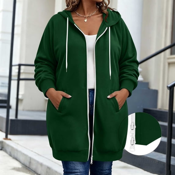 BRELIL Women's Plus Size Solid Hooded Shacket Fall Winter Zip Front Casual Outwear Long Sleeve Cozy Jacket With Pockets Outerwear Coat, Army Green 2XL