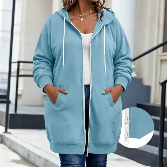 BRELIL Women's Plus Size Solid Hooded Shacket Fall Winter Zip Front Casual Outwear Long Sleeve Cozy Jacket With Pockets Outerwear Coat, Light Blue 3XL