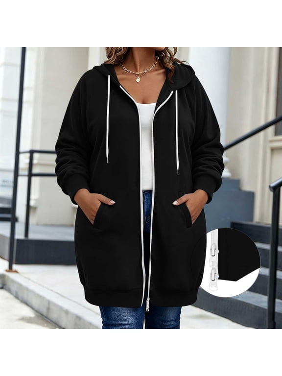 Women's Plus Size Solid Hooded Shacket Fall Winter Zip Front Casual Outwear Long Sleeve Cozy Jacket With Pockets Outerwear Coat, Black 4XL