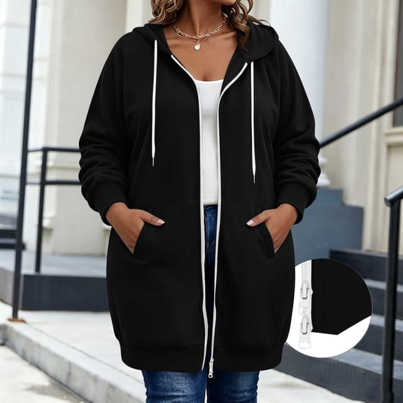 BRELIL Women's Plus Size Solid Hooded Shacket Fall Winter Zip Front Casual Outwear Long Sleeve Cozy Jacket With Pockets Outerwear Coat, Black L