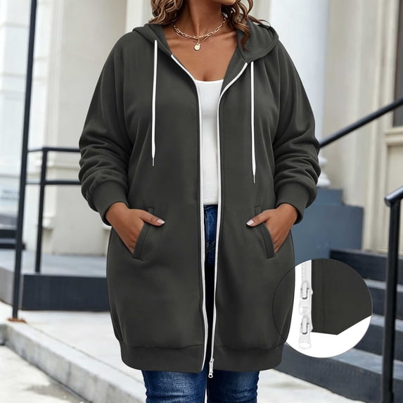 BRELIL Women's Plus Size Solid Hooded Shacket Fall Winter Zip Front Casual Outwear Long Sleeve Cozy Jacket With Pockets Outerwear Coat, Dark Gray 4XL