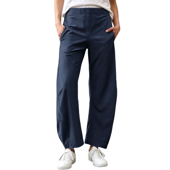 BRELIL Women's Plus Size Straight Leg Elastic Waist Trousers Casual Solid Loose Long Pants with Pockets Travel Trousers Fall Winter Outfits, Navy M